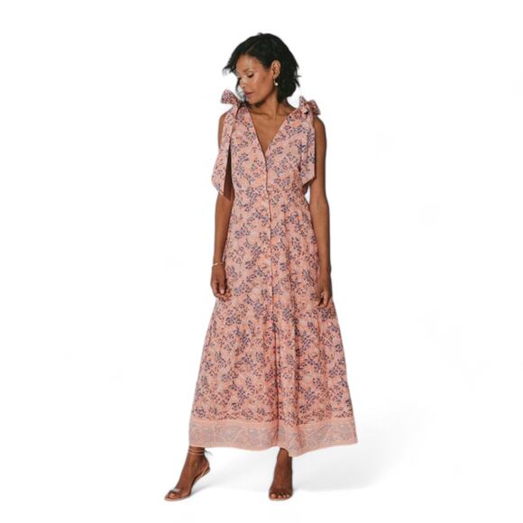 Cleobella Astrid Floral Print Dress Organic Cotton Tie Strap Maxi Boho Size S